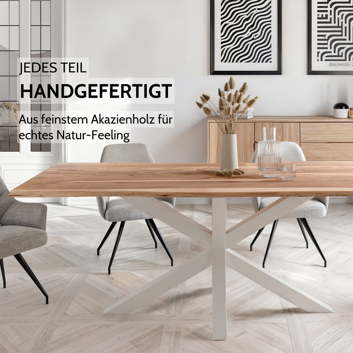 LENA Massivholztisch Akazie mit natürlicher Baumkante und Gestell weiß