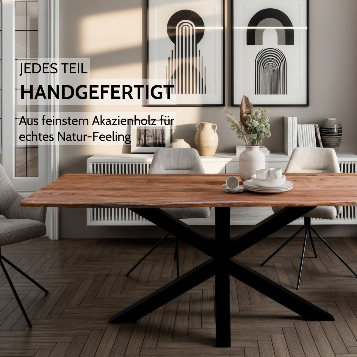 OSKAR Massivholztisch Akazie mit massiver Platte und weißem Metallgestell