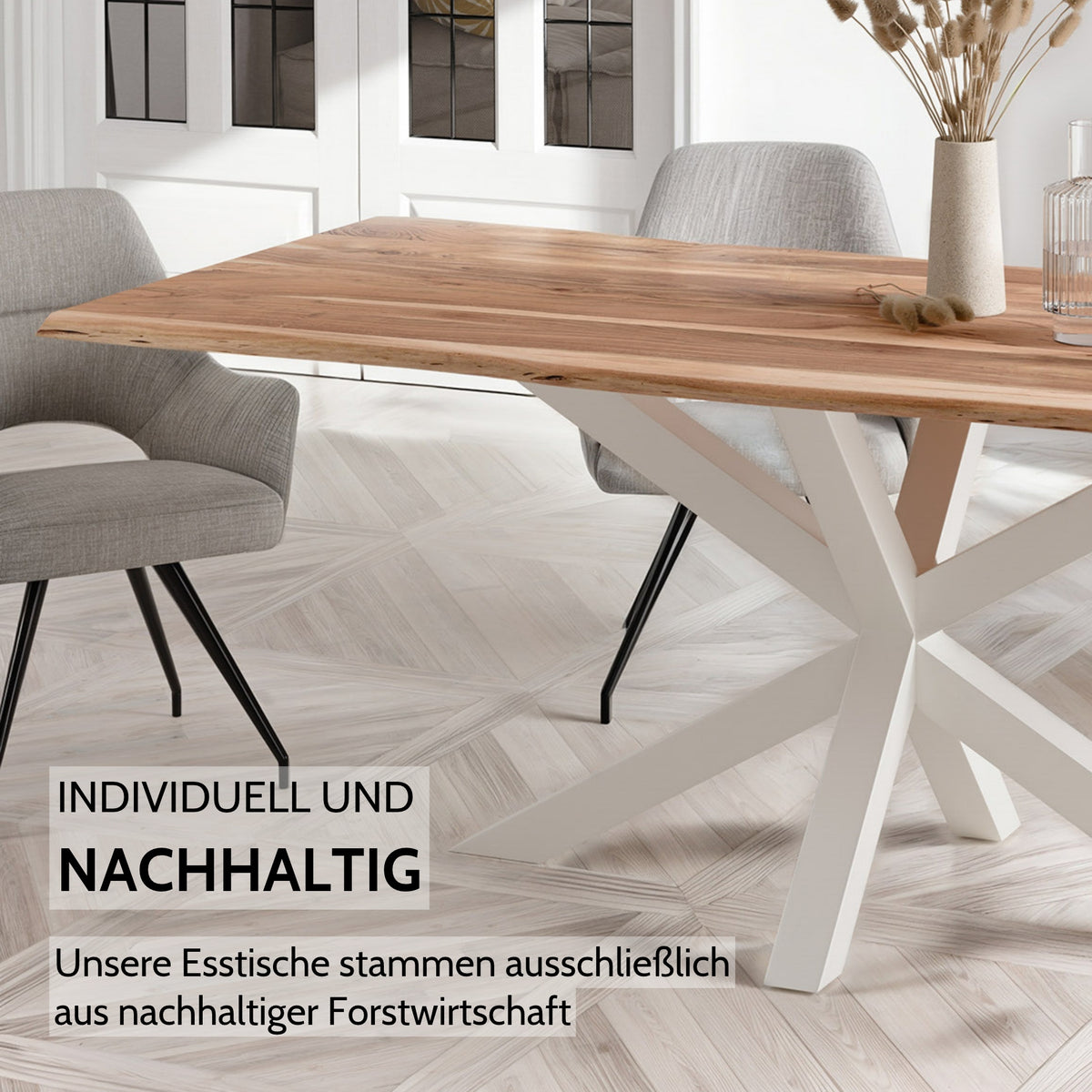 LENA Massivholztisch Akazie mit natürlicher Baumkante und Gestell weiß