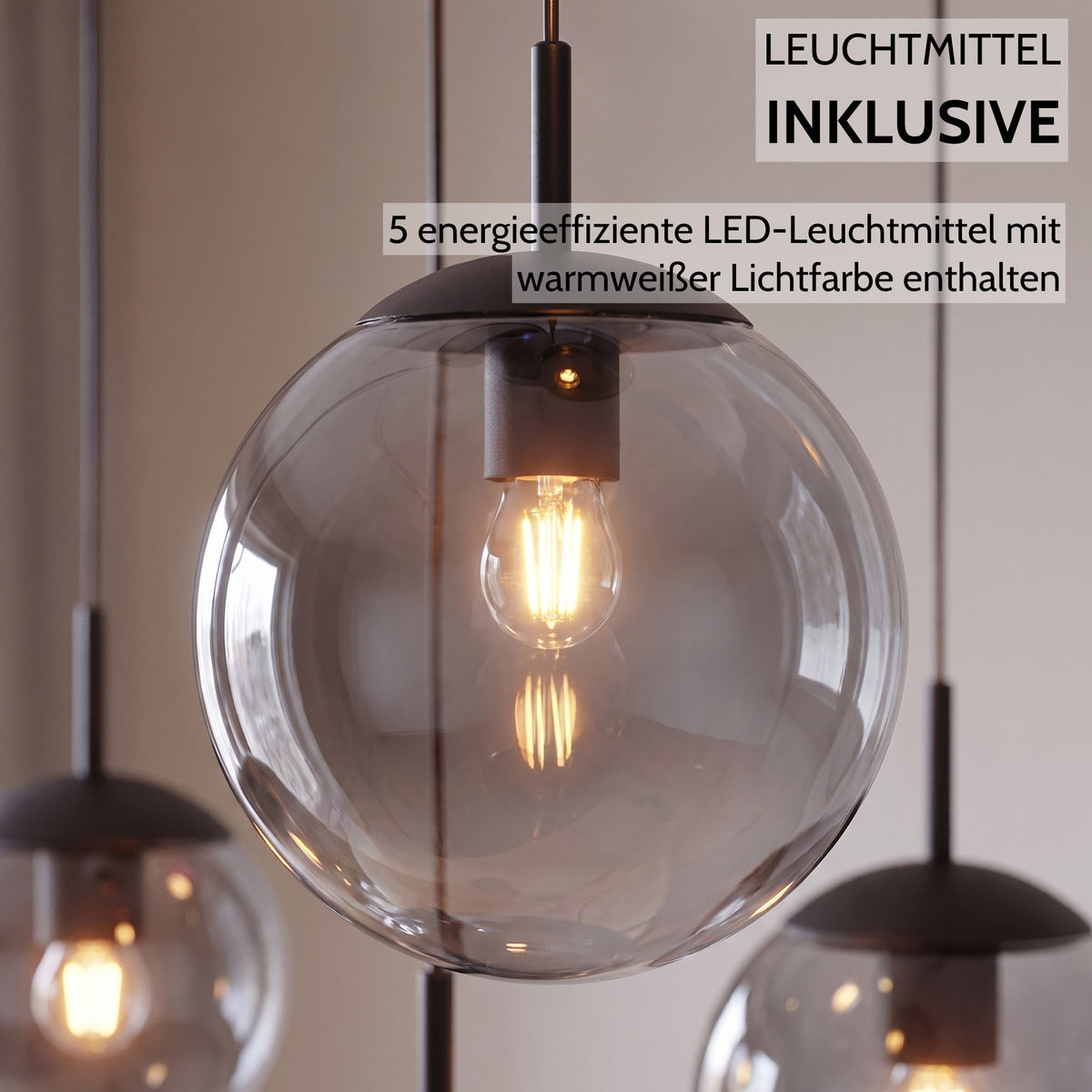 VETRO Pendelleuchte aus Rauchglas inklusive 5 Leuchtmittel