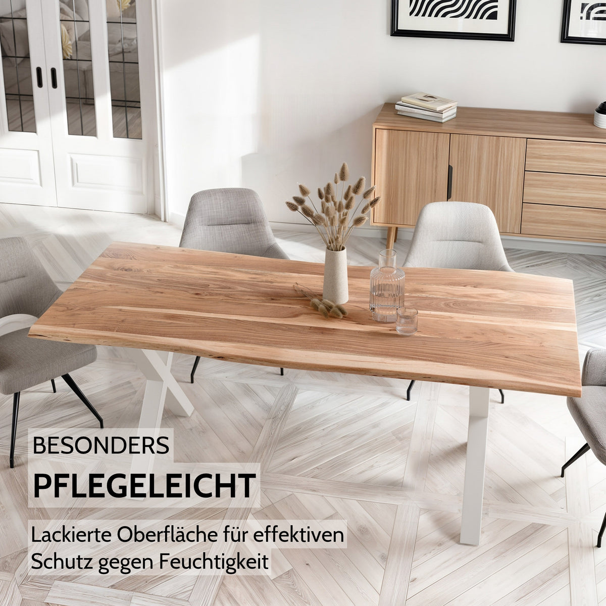 LENA Massivholztisch Akazie mit natürlicher Baumkante und Gestell weiß