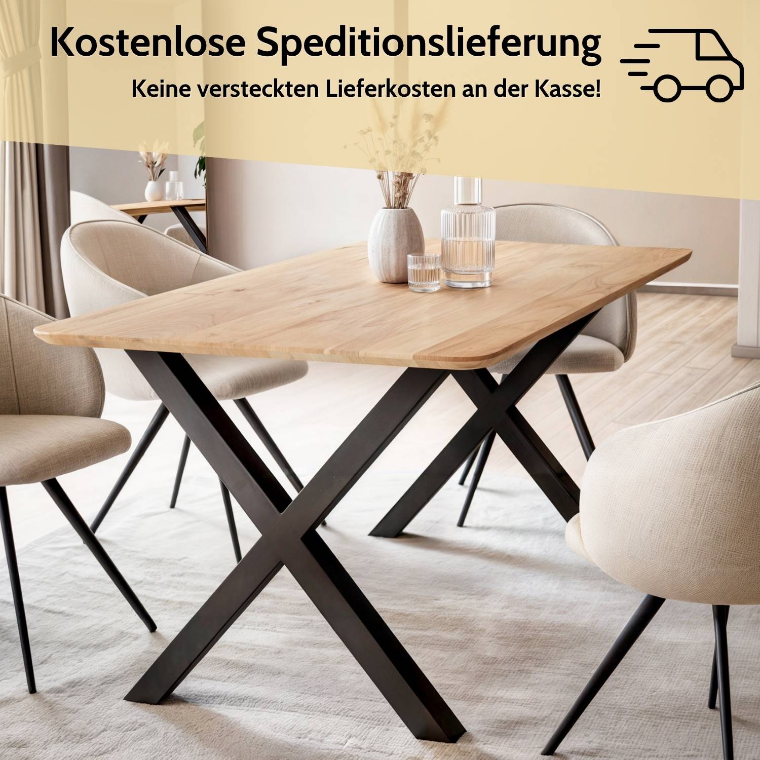 GUBIO Massivholztisch mit schweizer Kante & Gestell