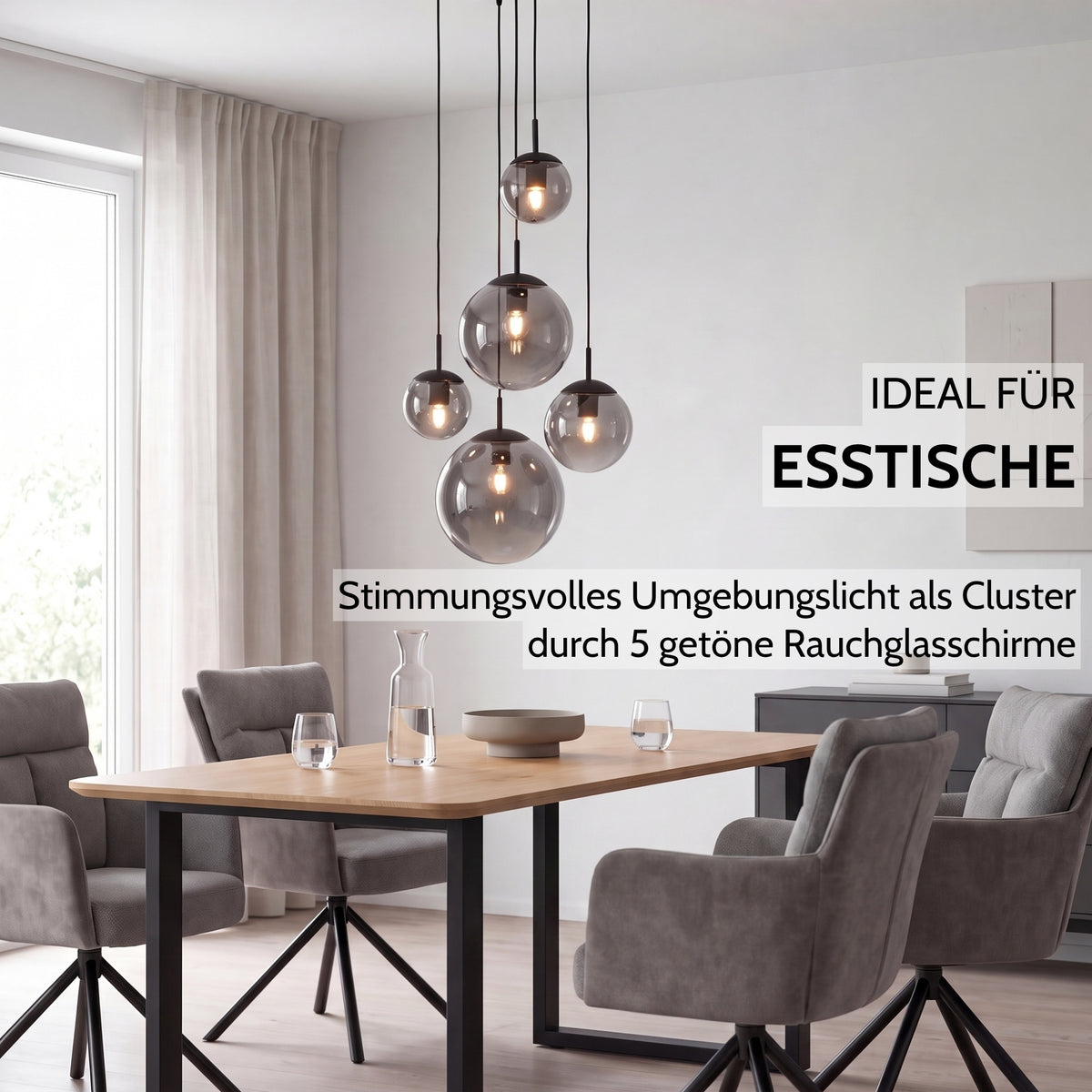 VETRO Pendelleuchte aus Rauchglas inklusive 5 Leuchtmittel